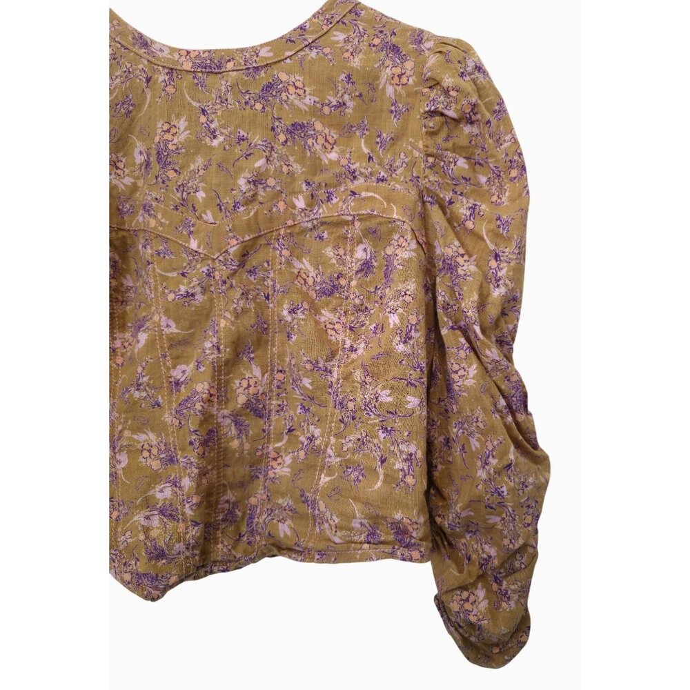 Free People MONICA Golden Floral Puff Sleeve Tie-Back Blouse Women's Sz L - Picture 5 of 10